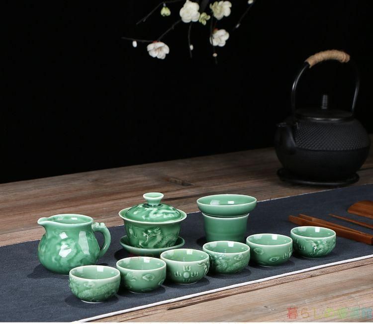 【上品】中国美術 青磁 浮彫龍 茶碗 茶器セット 新品未使用zw427