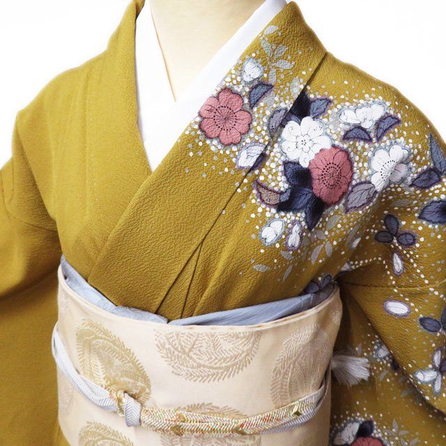 訪問着 着物 中古 正絹 袷 フォーマル 辻が花模様 桑茶色 多色 身丈