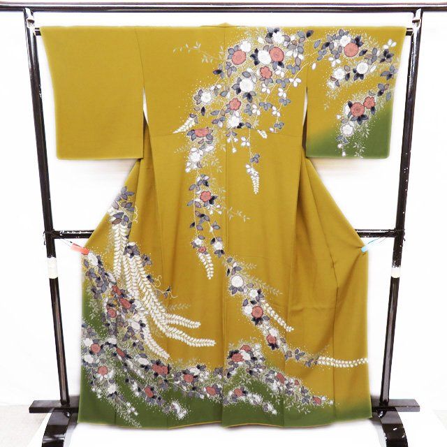訪問着 着物 中古 正絹 袷 フォーマル 辻が花模様 桑茶色 多色 身丈