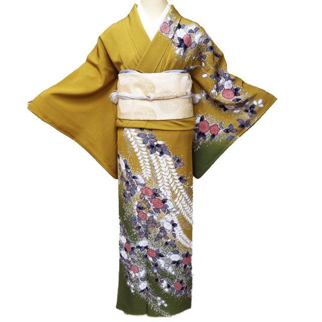 訪問着 着物 中古 正絹 袷 フォーマル 辻が花模様 桑茶色 多色 身丈