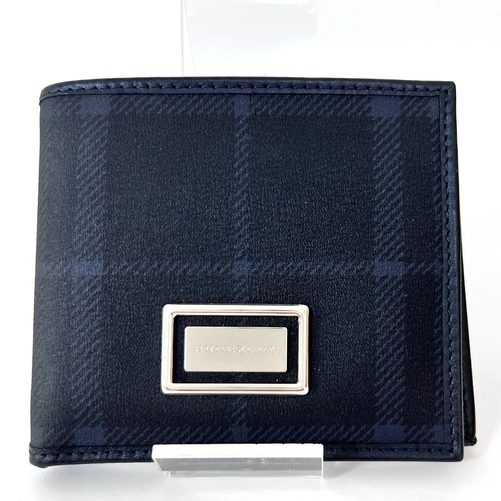 SD6929 BURBERRY バーバリー チェック柄 二つ折り財布 コンパクトウォレット PVC×レザー ネイビー 金具シルバー ロゴプレート