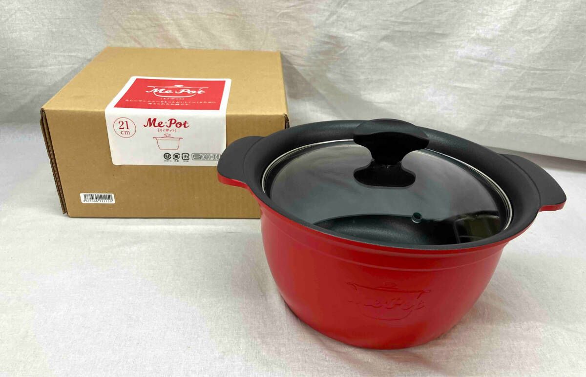 ［箱付］Me・Pot ミィポット お鍋 21cm レッド 赤 調理器具 両手鍋 キッチン 料理 クッキング ガラス蓋 使用感有