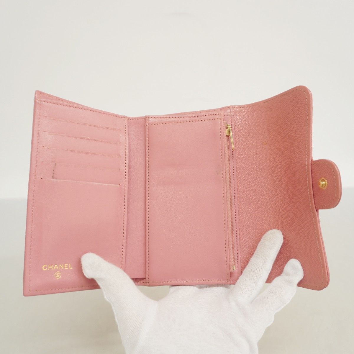 CHANELマトラッセ キャビアスキン 三つ折り財布 ピンク ゴールド 6dd5212-k】シャネル 三つ折り財布 マトラッセ キャビアスキン ピンク