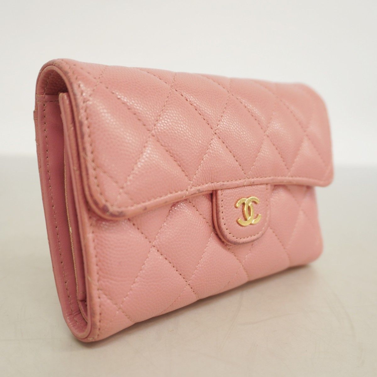 CHANELマトラッセ キャビアスキン 三つ折り財布 ピンク ゴールド 6dd5212-k】シャネル 三つ折り財布 マトラッセ キャビアスキン ピンク