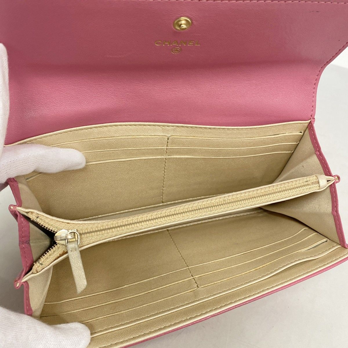 6dd5265】シャネル 長財布 カメリア ラムスキン ピンク ゴールド金具