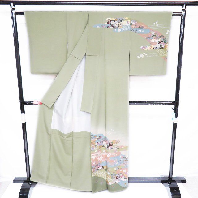 訪問着 着物 中古 正絹 袷 フォーマル 植物文様 花鳥文様 若葉色 多色 