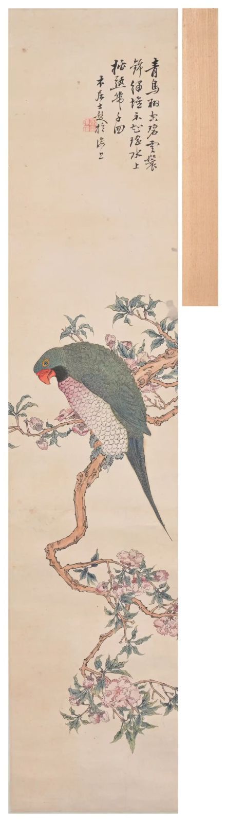No4490 掛軸　在銘　福寿山人　花鳥画賛　着色紙本　中国画　墨彩　送料無料 No4490 掛軸 在銘 福寿山人 花鳥画賛 着色紙本 中国画 墨彩 送料無料