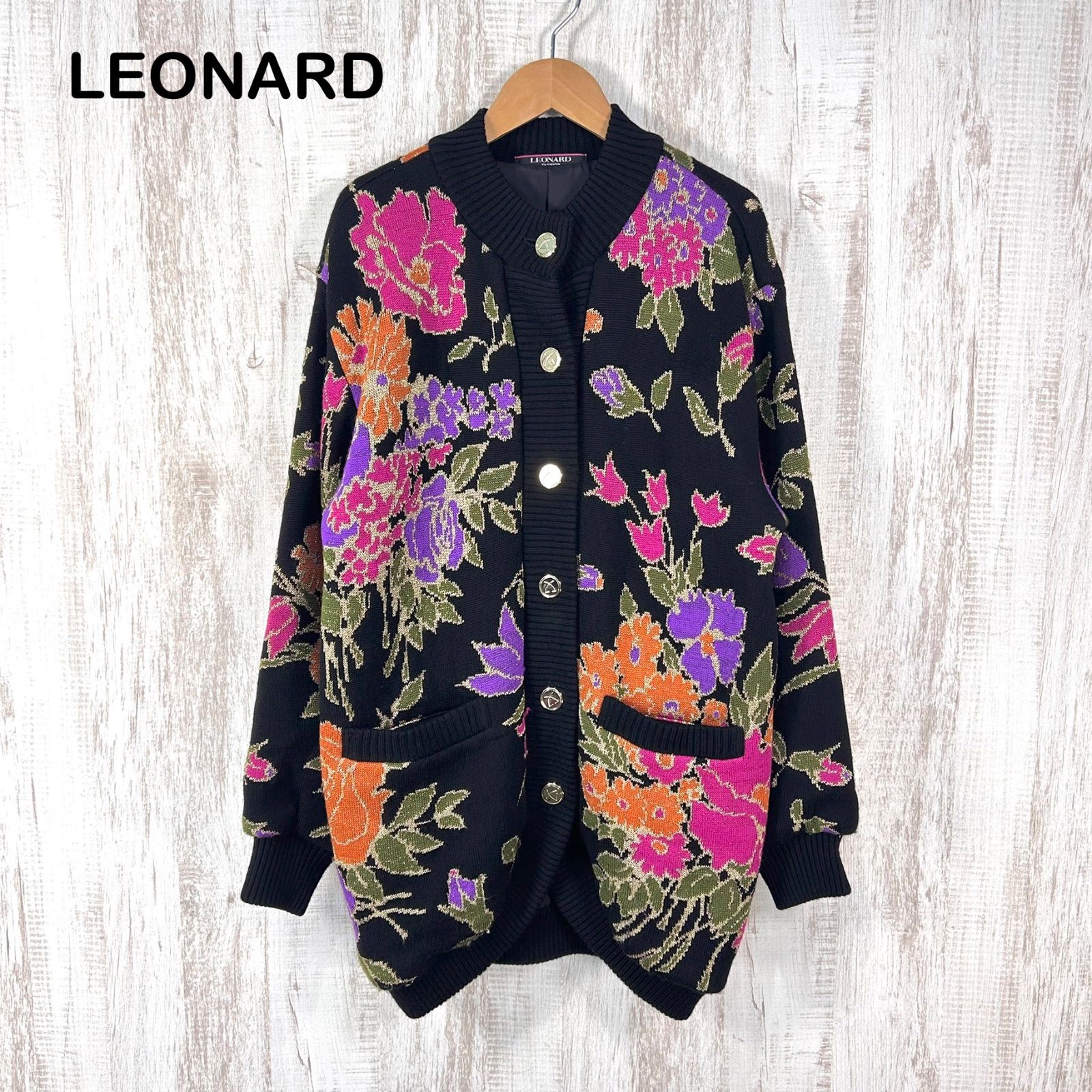 美品 LEONARD レオナール 花柄 総柄 金ボタン ウールニット ロング