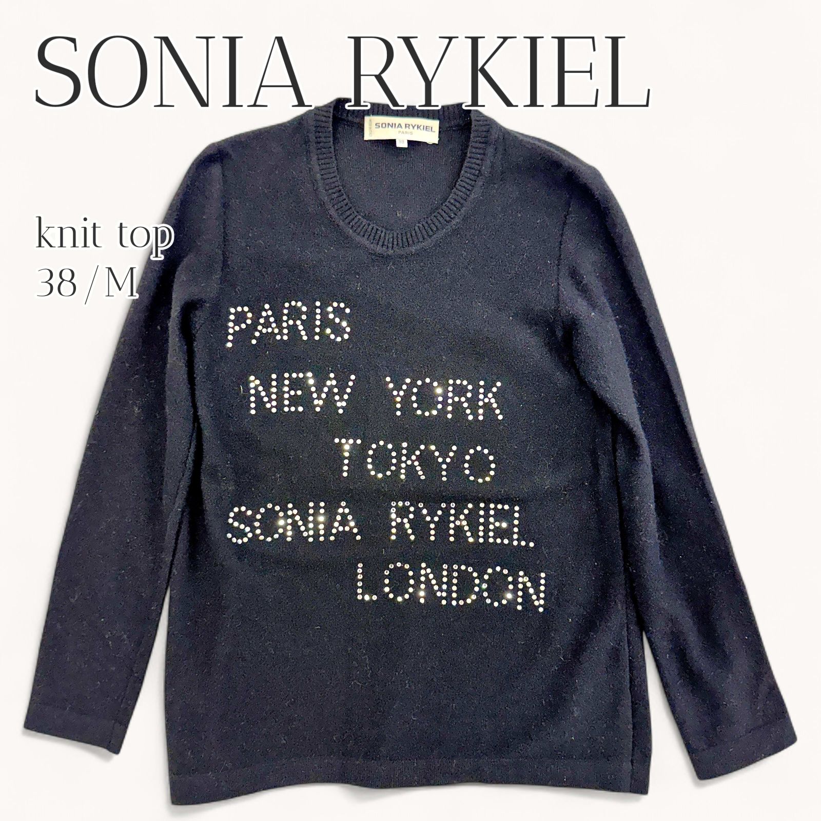 フランス製★ソニア リキエル/SONIA RYKIEL【上38-M/下36-S/黒/レディース】 希少 SONIA RYKIEL ソニアリキエル ラインストーンロゴニット 38