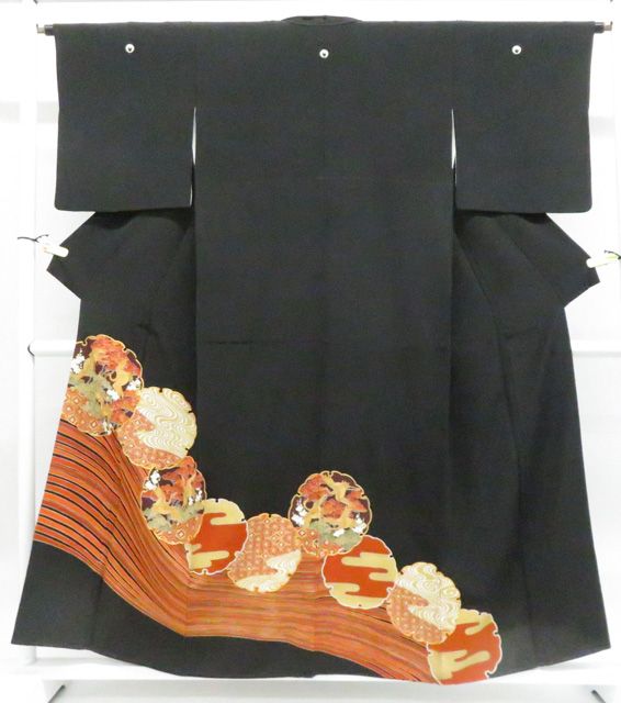 京松】黒留袖 五つ紋 金駒 訪問着仕立 着物 正絹 身丈約154.5cm 裄丈約
