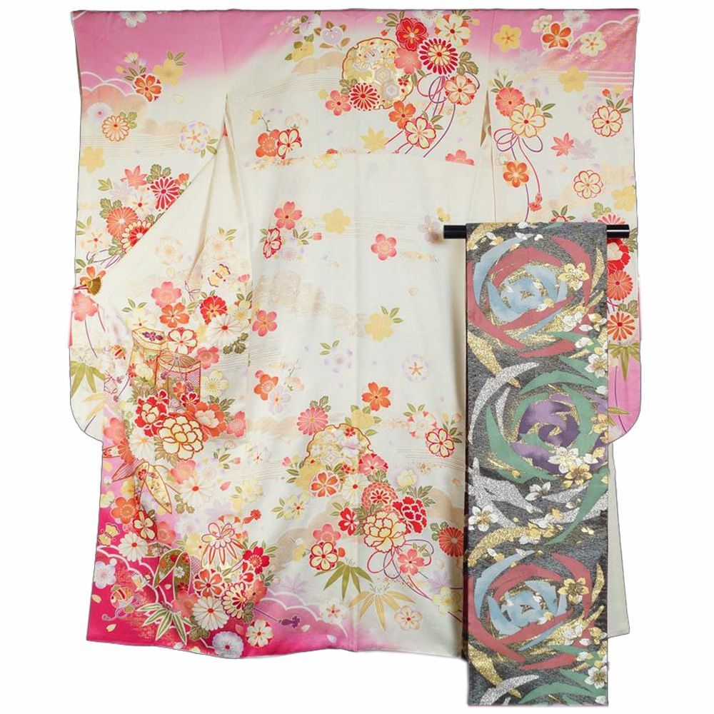 振袖セット 振袖・袋帯 2点 セット ぼかしに貝桶・百花模様 Sサイズ