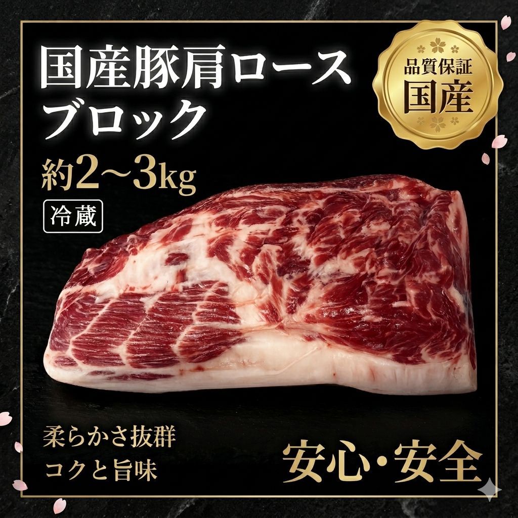 国産豚 豚肩ロース ブロック 業務用 冷凍 約2～3kg 不定貫 大容量 かたまり肉 下処理済み 大容量 1本売り 加熱用 去膜済み 仕込み用 飲食店向け