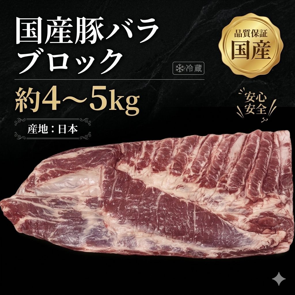 国産豚バラ 冷蔵 ブロック 約4～5kg 業務用 不定貫 大容量 かたまり肉 下処理済み 1本売り 加熱用 去膜済み 仕込み用 飲食店向け 角煮 焼肉 炒め物 ベーコン風