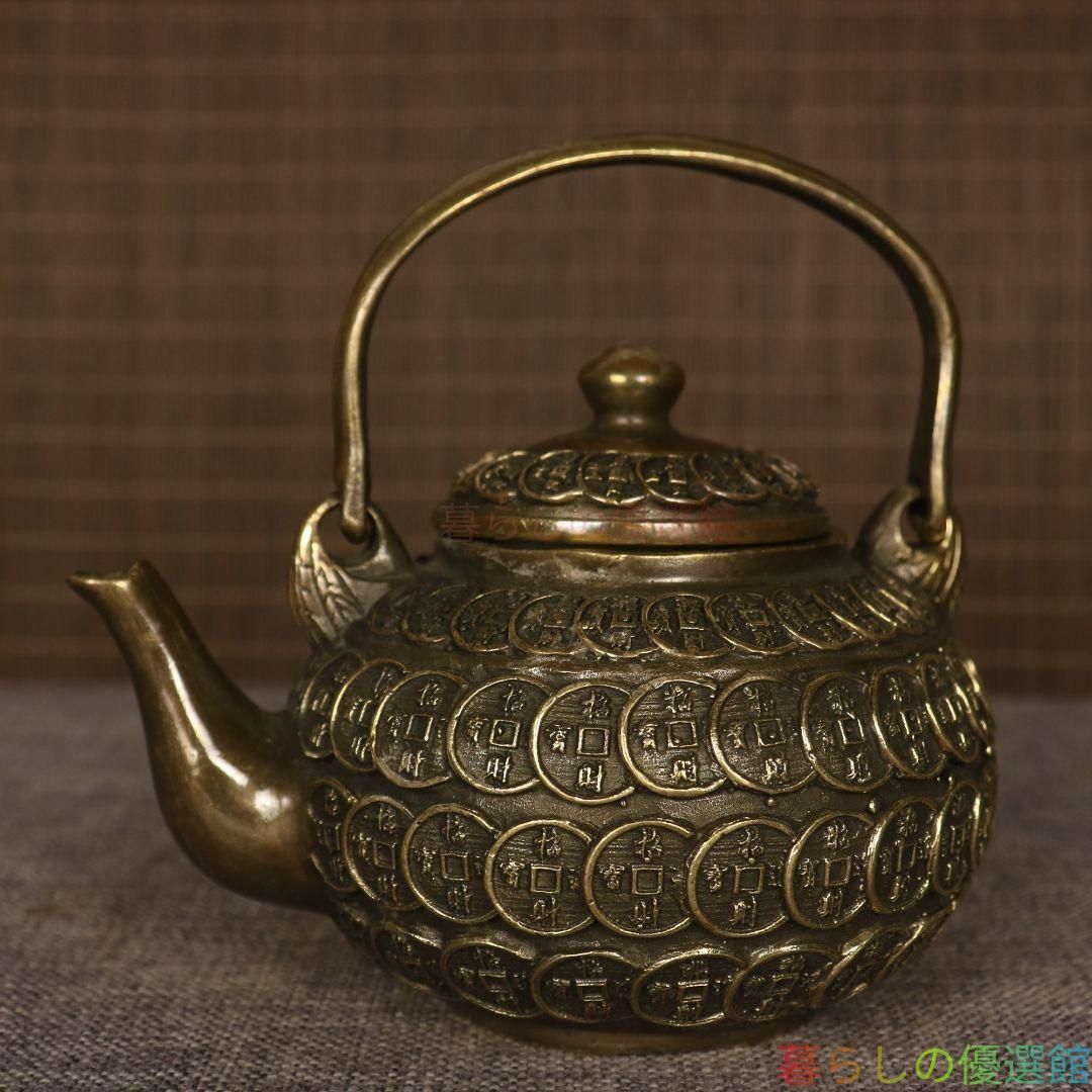 銅器 銅銭壺 提梁壺 招財銅銭茶壺 茶道具 工芸品 置物 上品】提梁銅銭茶壺 工芸品 美術品 置物zw427 - メルカリ