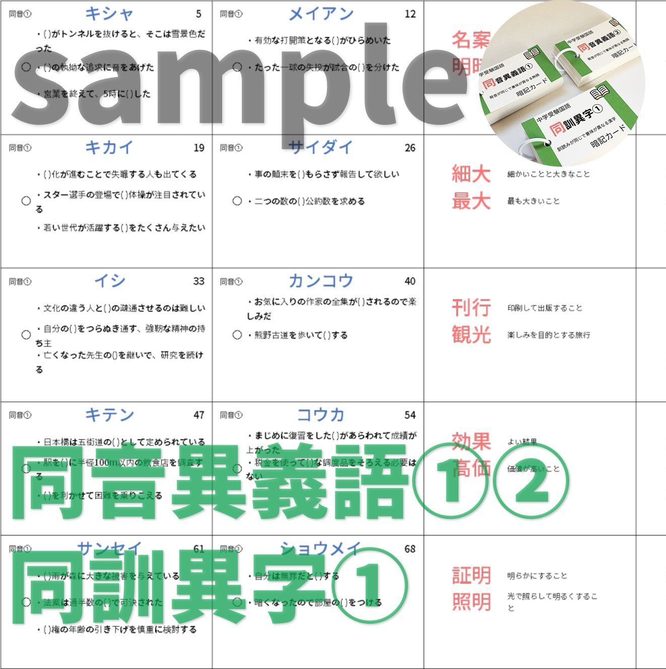 中学受験国語 同音異義語、同訓異字の暗記カード サピックス 言葉ナビ