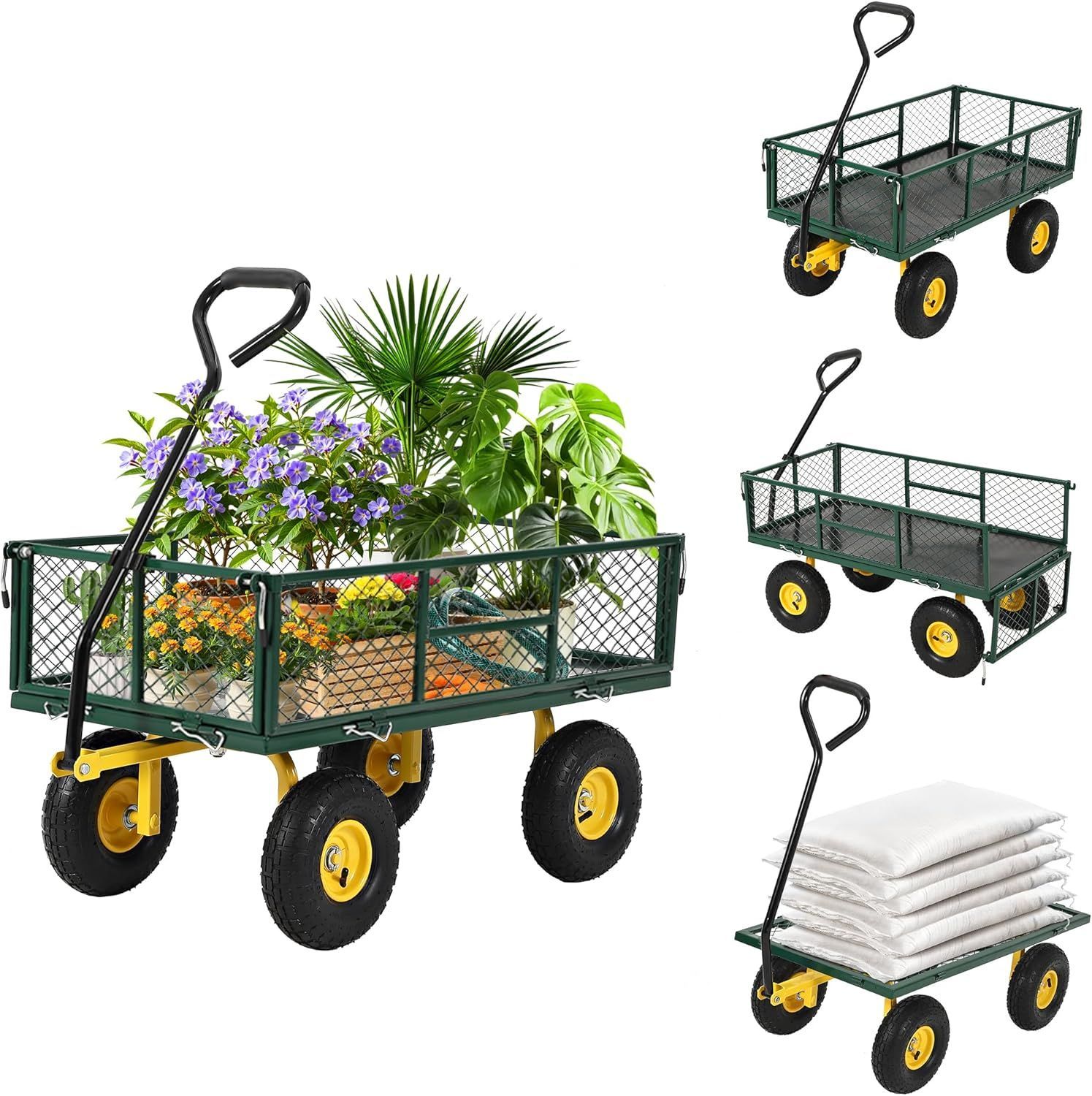 ガービー（Garvee） ガーデンカート 耐荷重400kg カゴ付き台車 多機能農業用スチールメッシュカート 空気圧タイヤ 折りたたみ アウトドアカート 手引き台車 運搬車 ガーデン 倉庫 家庭用 引越し 買い物 持ち運び便利