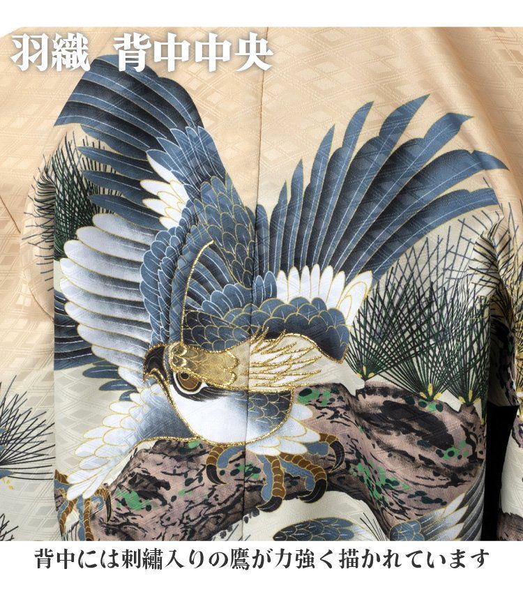 七五三 着物 男の子 五歳 13点フルセット 風 鷹 松 クリーム 黒 ブラック 羽織袴セット 刺繍入り 753 五才 5歳 5才 子供 男児 販売 totalset-00030