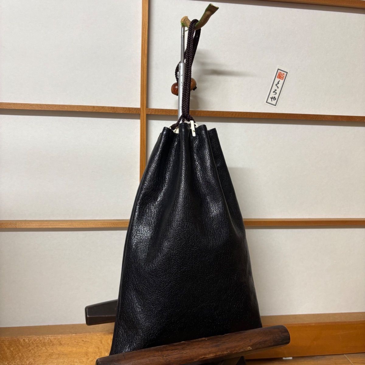 本革合切袋　黒　　手提げ　信玄袋　お祭り　お神輿　和装バッグ