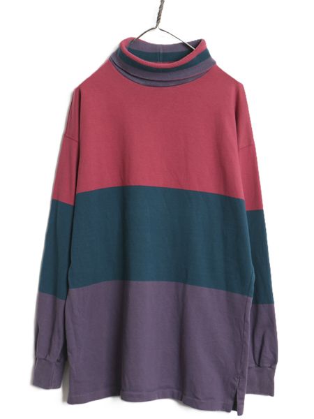 90s USA製 ランズエンド タートルネック ボーダー 長袖 Tシャツ メンズ