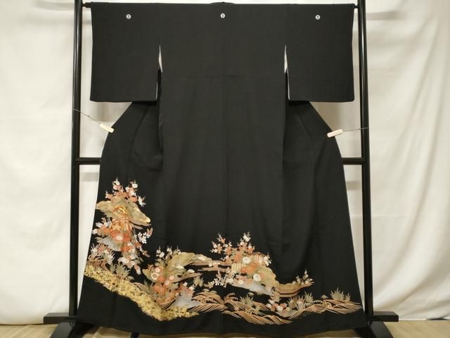 平和屋着物□豪華黒留袖 駒刺繍 立波松竹梅御所車文 暈し染め 金彩