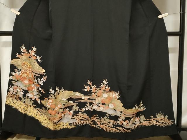 平和屋着物□豪華黒留袖 駒刺繍 立波松竹梅御所車文 暈し染め 金彩