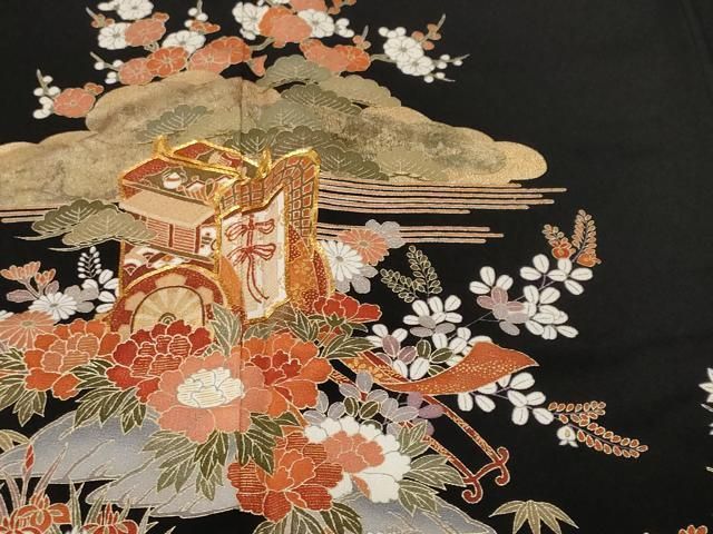 平和屋着物□豪華黒留袖 駒刺繍 立波松竹梅御所車文 暈し染め 金彩