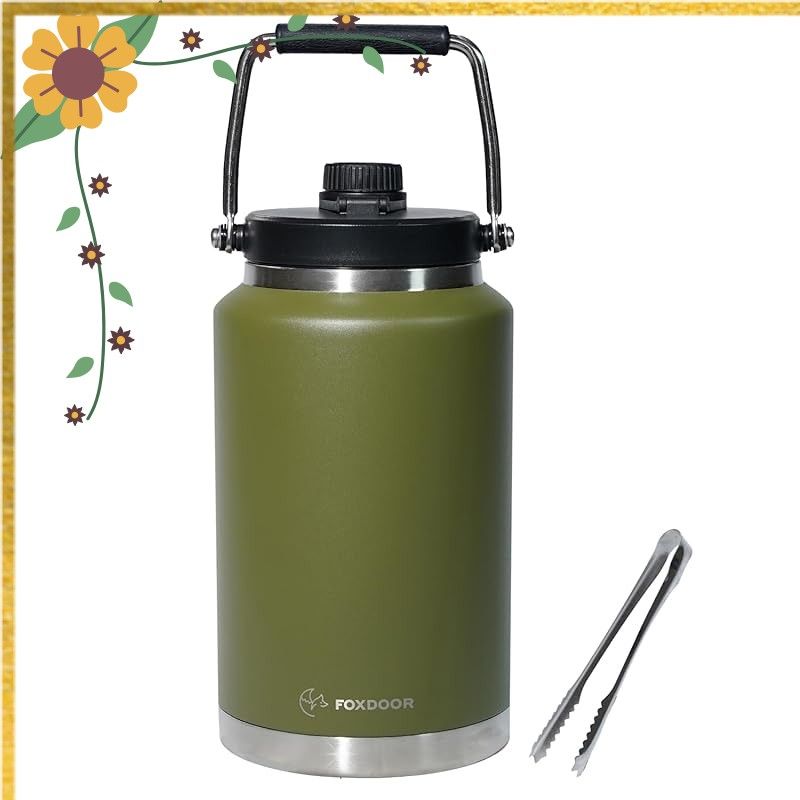 FOXDOOR アイスジャグ 氷を溶かさない アイスコンテナ 保冷 ＆ 保温 ボトル 大容量 大型 1.9L 3.8L カーキ 保冷ボトル 氷 魔法瓶 お湯 ポット 真空 ステンレス キャンプ アウトドア アイストング付 (3.8L) 1