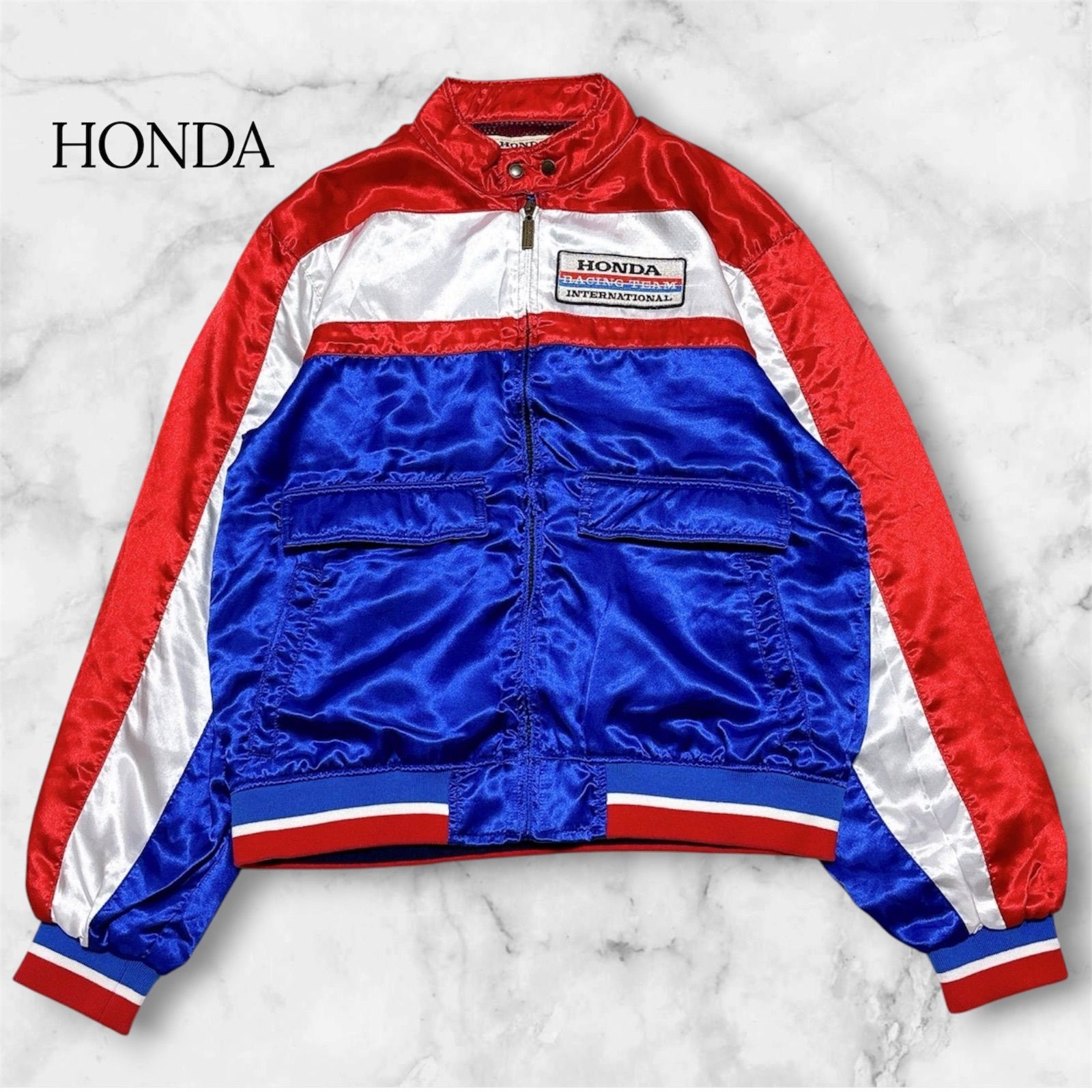 ホンダ Honda 80s トリコロールブルゾン L サテン ライダースジャケット 0SYES-X5B 白Tと楽しむレトロモータースポーツコーデ レーシングチーム刺繍 ビンテージ復刻 メンズ バイクウェア バイクツーリング カジュアルアウター B1149