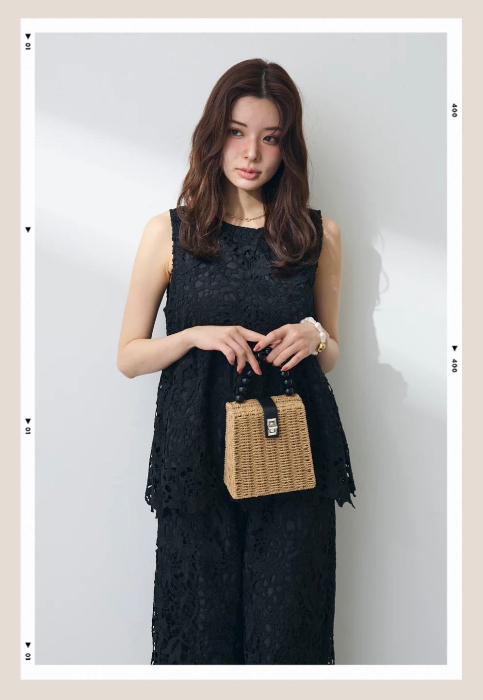 クロシェレースソフトペプラムトップス+セミワイドパンツ　frene フラーネ