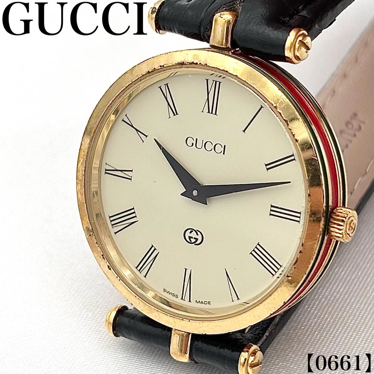 稼働品 Working item グッチ GUCCI 腕時計 メンズ Men's クォーツ Quartz オールドグッチ ヴィンテージ 時計 2000M 3000M サイド シェリーライン ローマン アイボリー 文字盤 ゴールド　0661