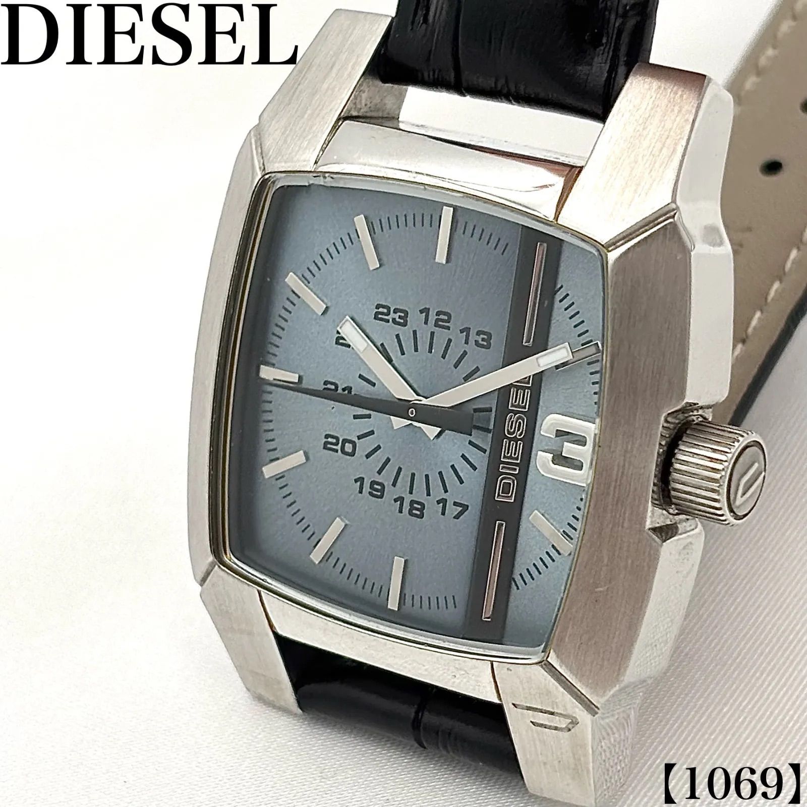稼働品 Working item ディーゼル DIESEL 腕時計 メンズ Men's クォーツ Quartz DZ1123 スクエア 青文字盤 ブルー デイト アナログ ブラウン レザーベルト カジュアル ギフト 普段使い　1069