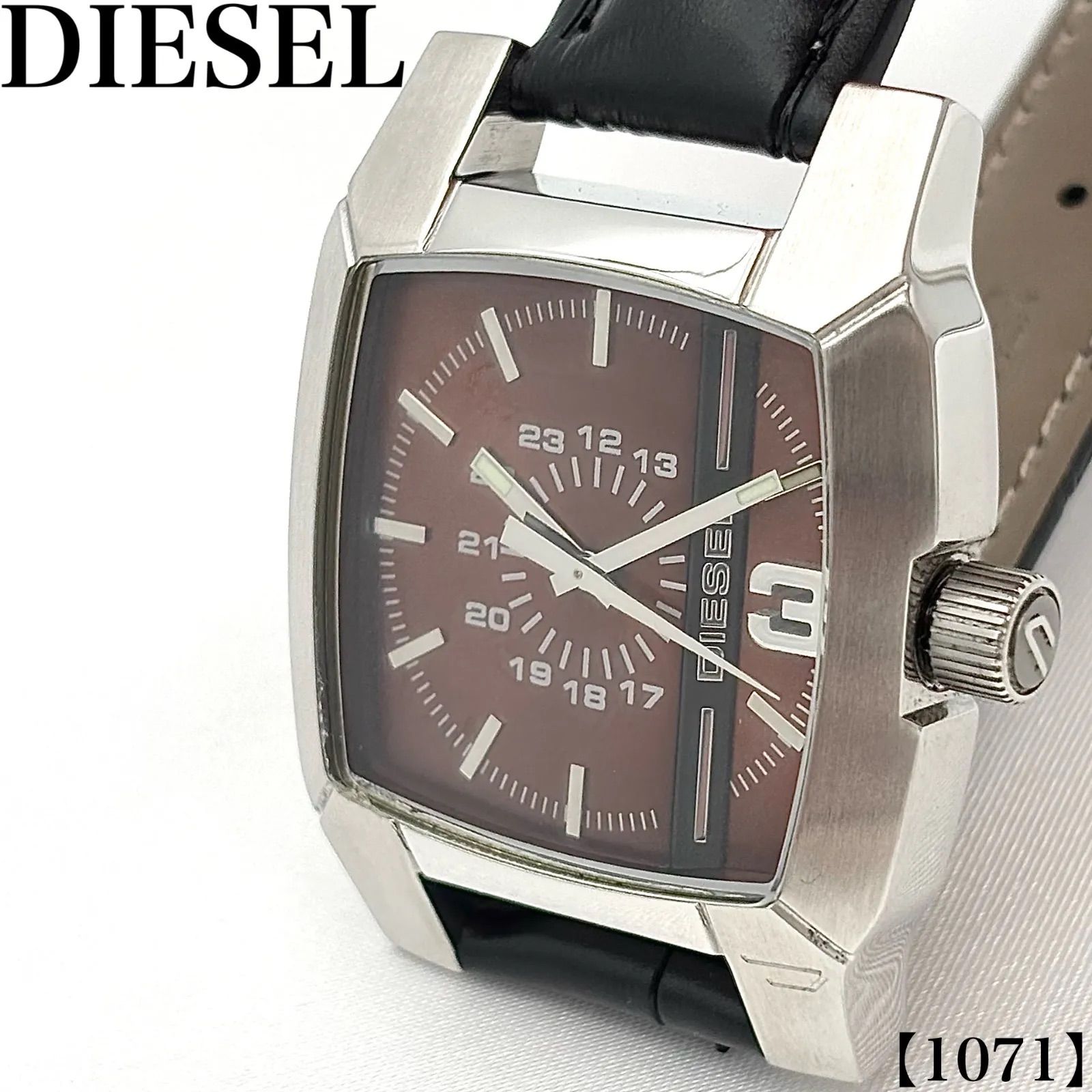 稼働品 Working item ディーゼル DIESEL 腕時計 メンズ Men's クォーツ Quartz DZ-1090 スクエア ブラウン文字盤 シルバーケース ステンレススチール 本革 レザーベルト アナログ 3針　1071