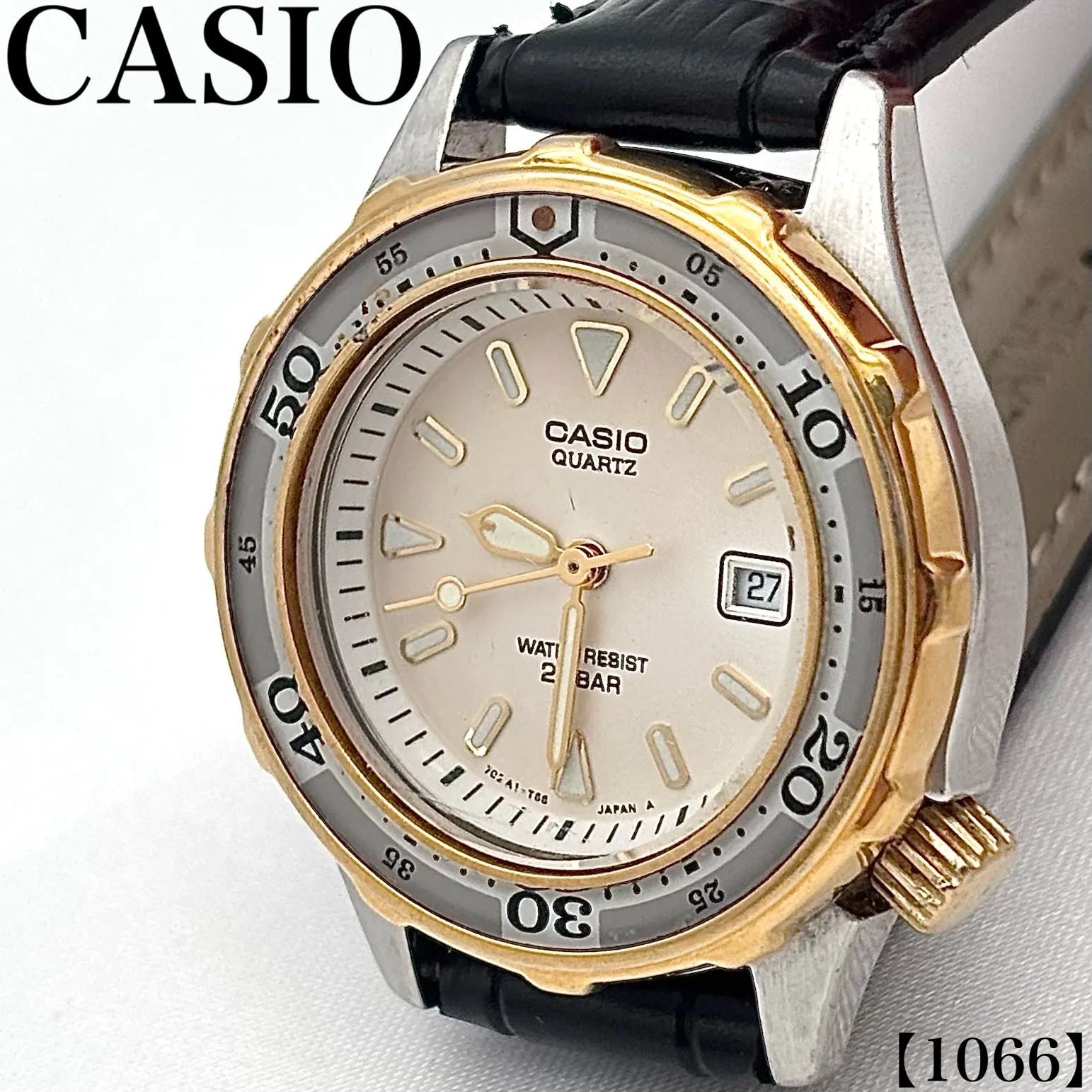 稼働品 Working item カシオ CASIO 腕時計 レディース Ladies クォーツ Quartz ダイバーズ ウォッチ デイト 20気圧防水 20BAR 白文字盤 コンビカラー ローテンションベゼル ラウンド ヴィンテージ レア　1066