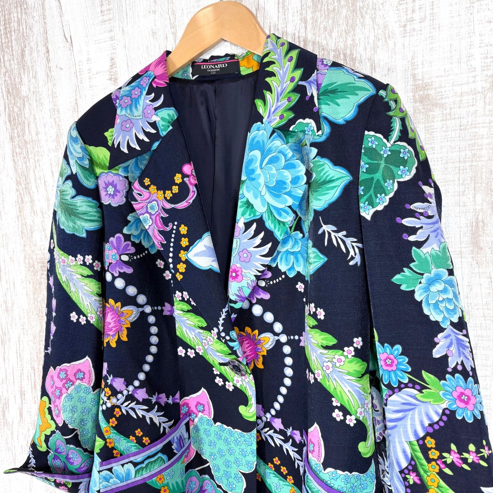 美品 LEONARD レオナール 花柄 総柄 ウール シルク ロングテーラード 