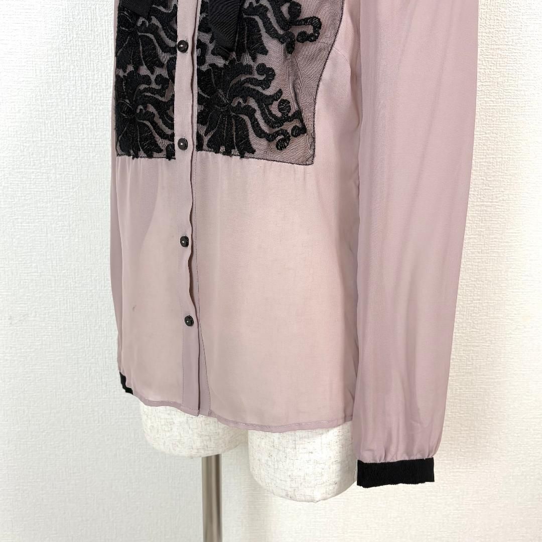 PAOLA FRANI 長袖ブラウス レース リボン シアー 38 くすみピンク 