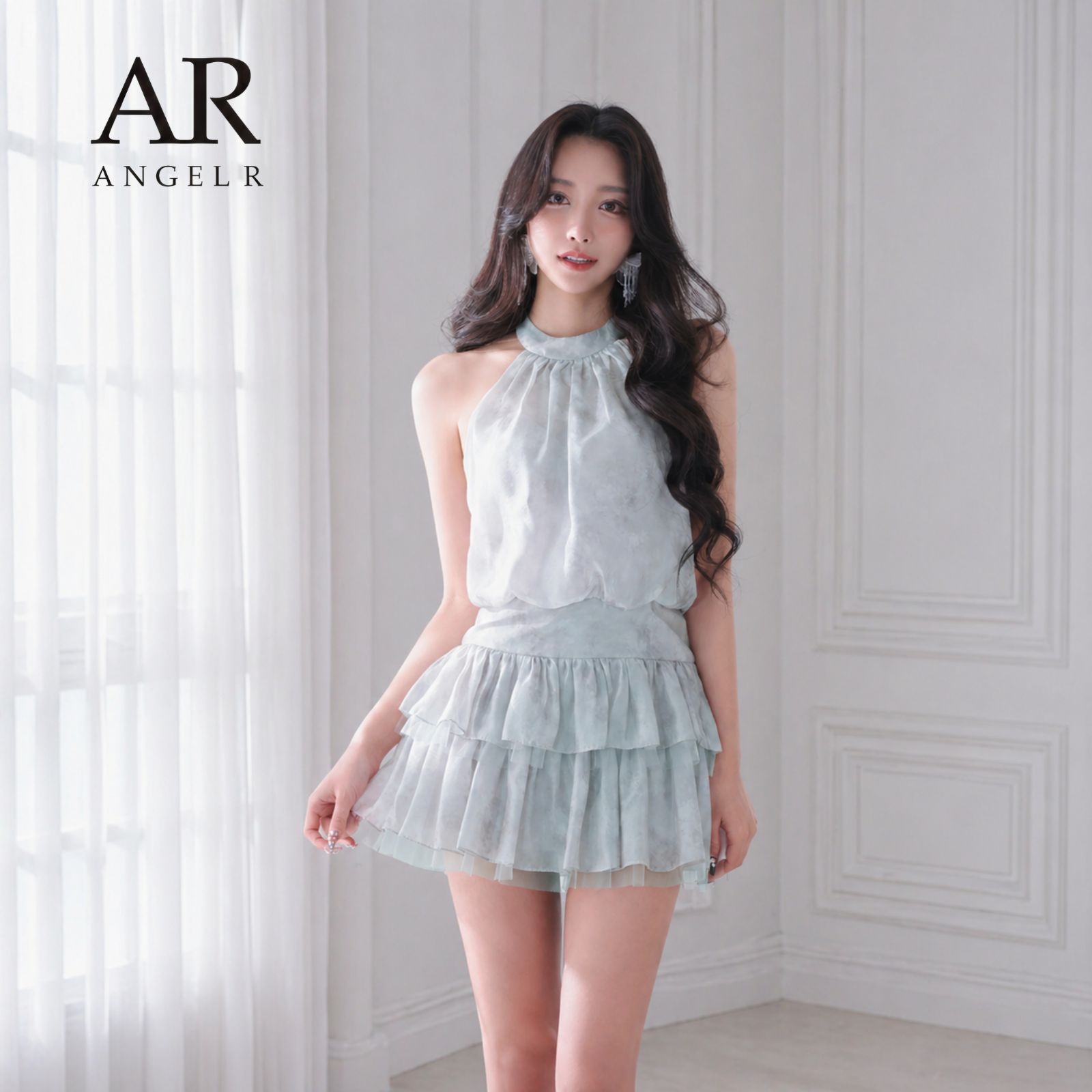 Angel R エンジェルアール AR26211［ホルターネック/ギャザー/ウエストマーク/フラワー/シフォン/フレア/マイクロミニドレス] Blue