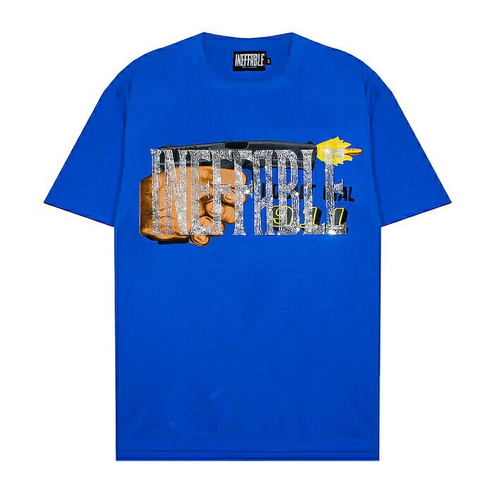 INEFFABLE | DON'T DIAL 911 CUSTOM VINTAGE TEE (BLUE) ヴィンテージTシャツ リメイク ラインストーン トップス メンズ ブルー