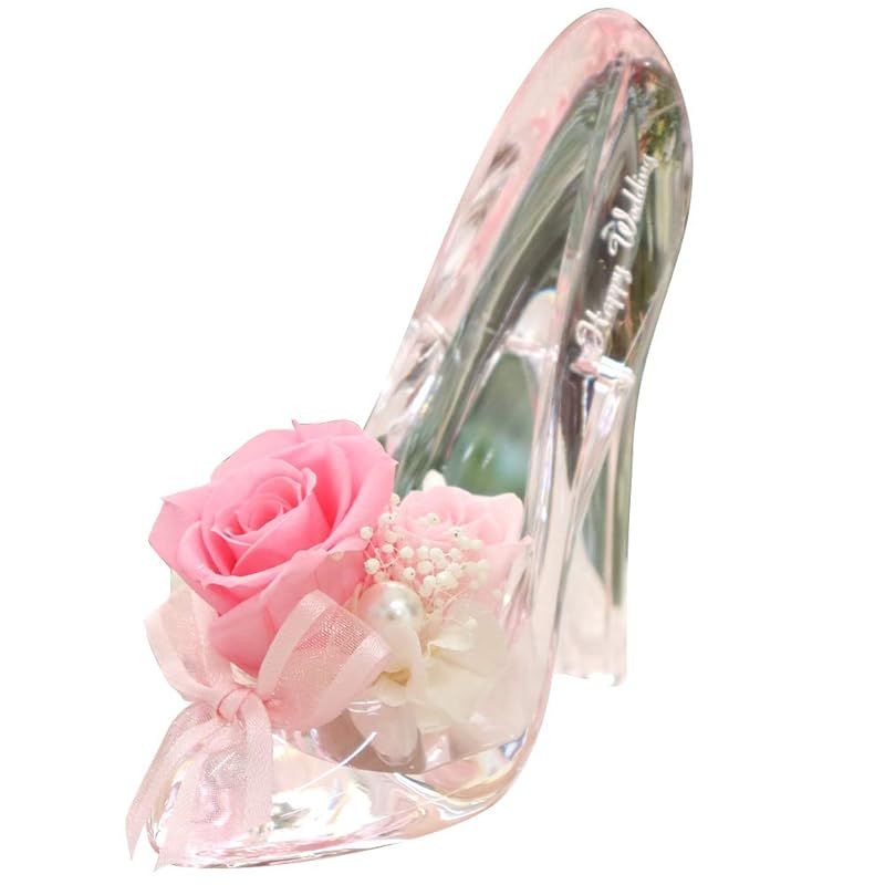 IPFA プリザーブドフラワー 彫刻入り シンデレラの靴 ローズ大(ピンク/Happy Wedding彫刻入り)誕生日 結婚祝い 結婚記念日 記念日 プレゼント ギフト プロポーズ バラ 花 フラワー 人気 かわいい アクリルハイヒール 1