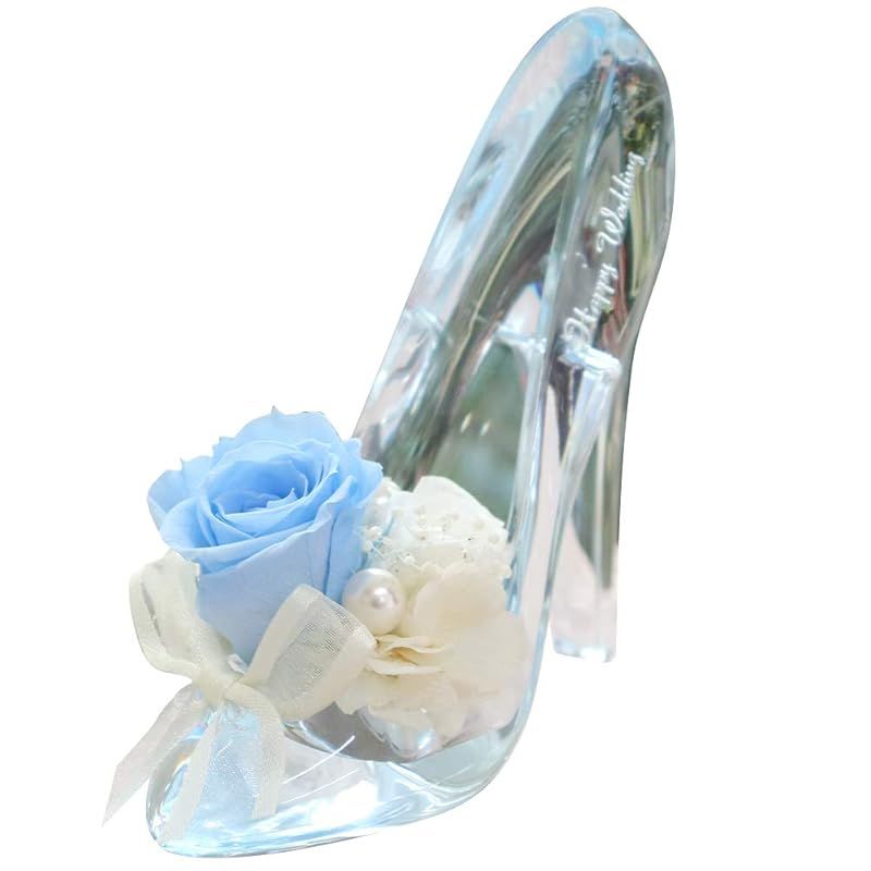 IPFA プリザーブドフラワー 彫刻入り シンデレラの靴 ローズ大(ブルー/Happy Wedding彫刻入り)誕生日 結婚祝い 結婚記念日 記念日 プレゼント ギフト プロポーズ バラ 花 フラワー 人気 かわいい アクリルハイヒール 1
