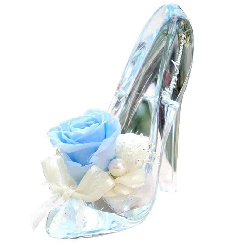 IPFA プリザーブドフラワー 彫刻入り シンデレラの靴 ローズ大(ブルー/Happy Anniversary彫刻入り)誕生日 結婚祝い 結婚記念日 記念日 プレゼント ギフト プロポーズ バラ 花 フラワー 人気 かわいい アクリルハイヒール 1