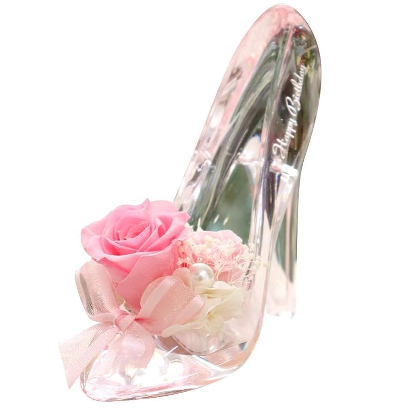 IPFA プリザーブドフラワー 彫刻入り シンデレラの靴 ローズ大(ピンク/Happy Birthday彫刻入り)誕生日 結婚祝い 結婚記念日 記念日 プレゼント ギフト プロポーズ バラ 花 フラワー 人気 かわいい アクリルハイヒール 0