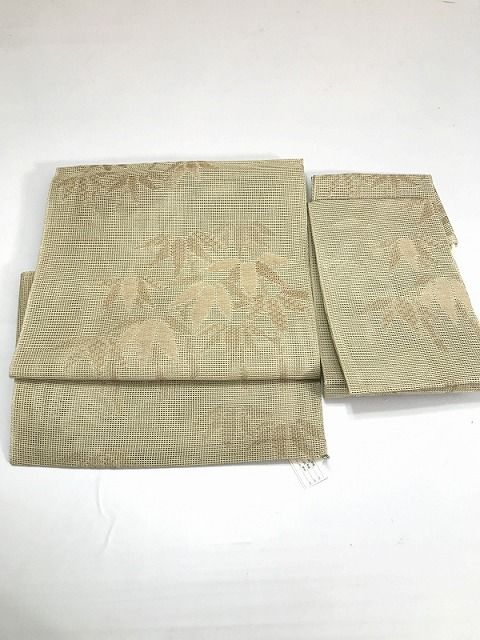 【中古】作り帯 正絹 薄グリーン地に笹文様 夏帯