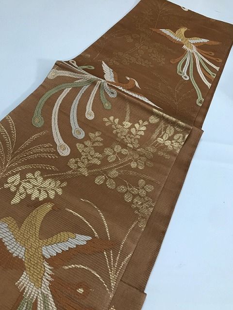 【中古】袋帯 正絹 薄茶絽地に鳳凰文様 夏帯 【中古】袋帯 正絹 薄茶絽地に鳳凰文様 夏帯