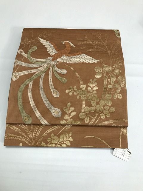 【中古】袋帯 正絹 薄茶絽地に鳳凰文様 夏帯