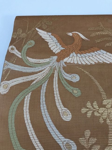 【中古】袋帯 正絹 薄茶絽地に鳳凰文様 夏帯 【中古】袋帯 正絹 薄茶絽地に鳳凰文様 夏帯
