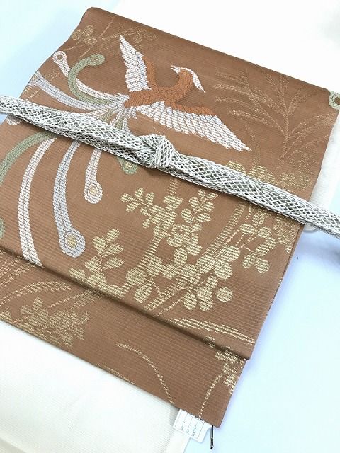 【中古】袋帯 正絹 薄茶絽地に鳳凰文様 夏帯 【中古】袋帯 正絹 薄茶絽地に鳳凰文様 夏帯