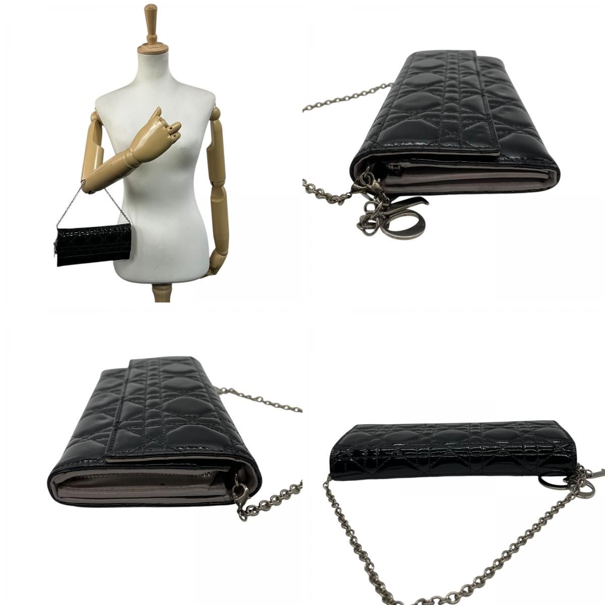 Christian Dior クリスチャンディオール レディディオール カナージュ パテントレザー チェーンウォレット 黒 ブラック シルバー金具 長財布 レディース W4 ディオール Dior レディディオール カナージュ チェーンウォレット 長