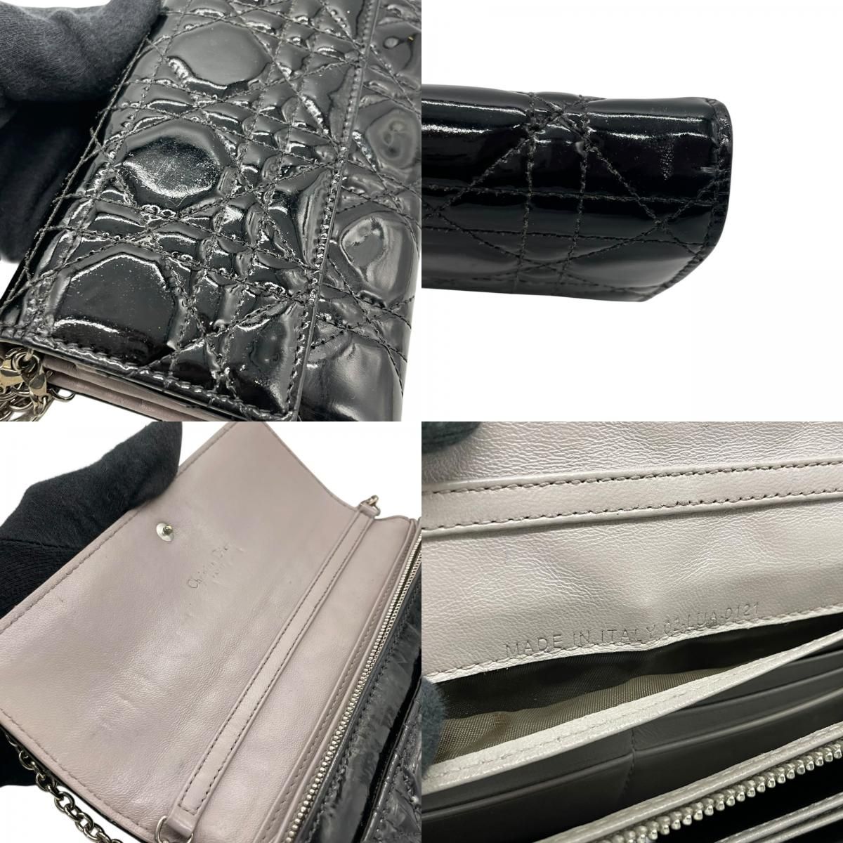 Christian Dior クリスチャンディオール レディディオール カナージュ パテントレザー チェーンウォレット 黒 ブラック シルバー金具 長財布 レディース W4 Christian Dior クリスチャンディオール レディディオール カナージュ