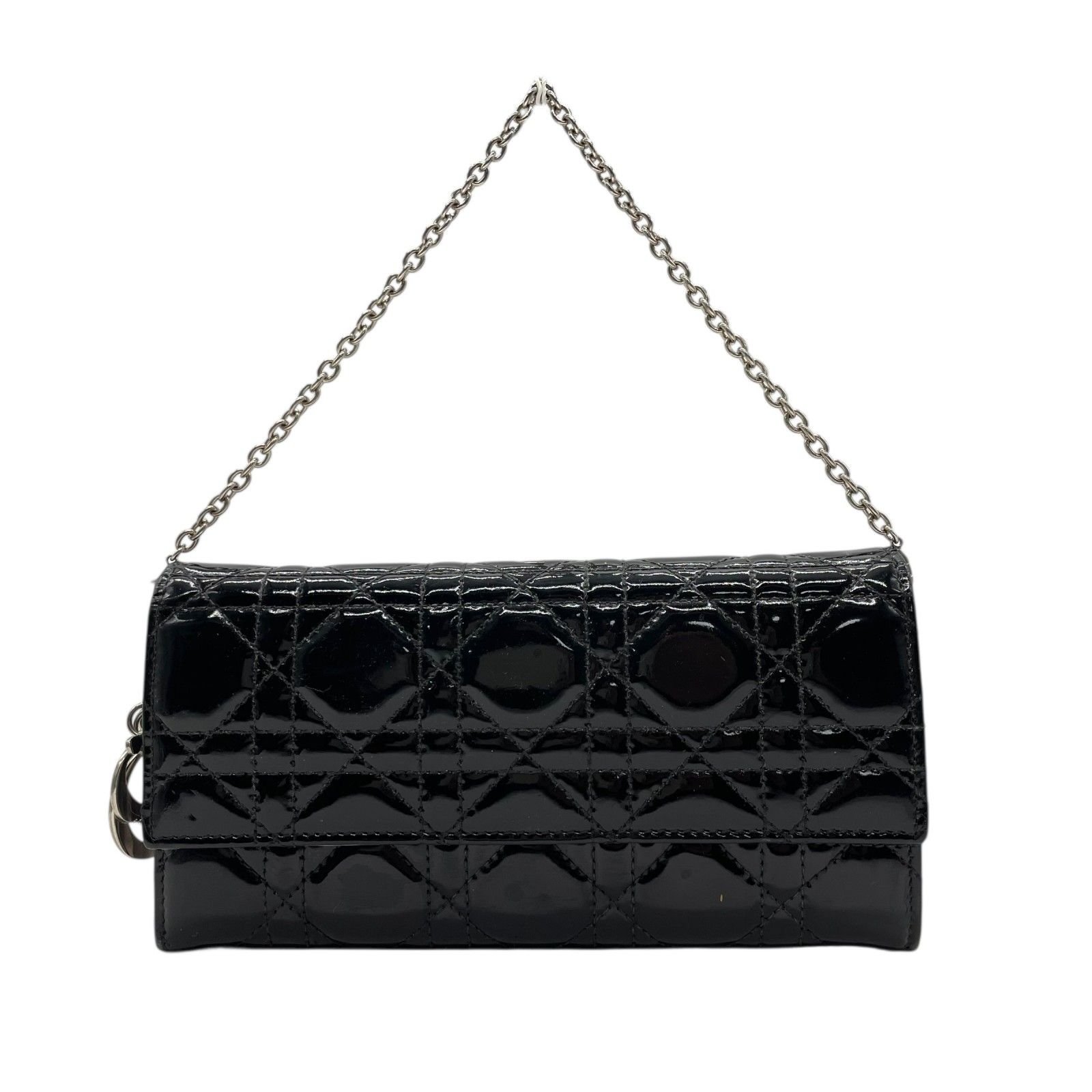 Christian Dior クリスチャンディオール レディディオール カナージュ パテントレザー チェーンウォレット 黒 ブラック シルバー金具 長財布 レディース W4 Christian Dior クリスチャンディオール レディディオール カナージュ