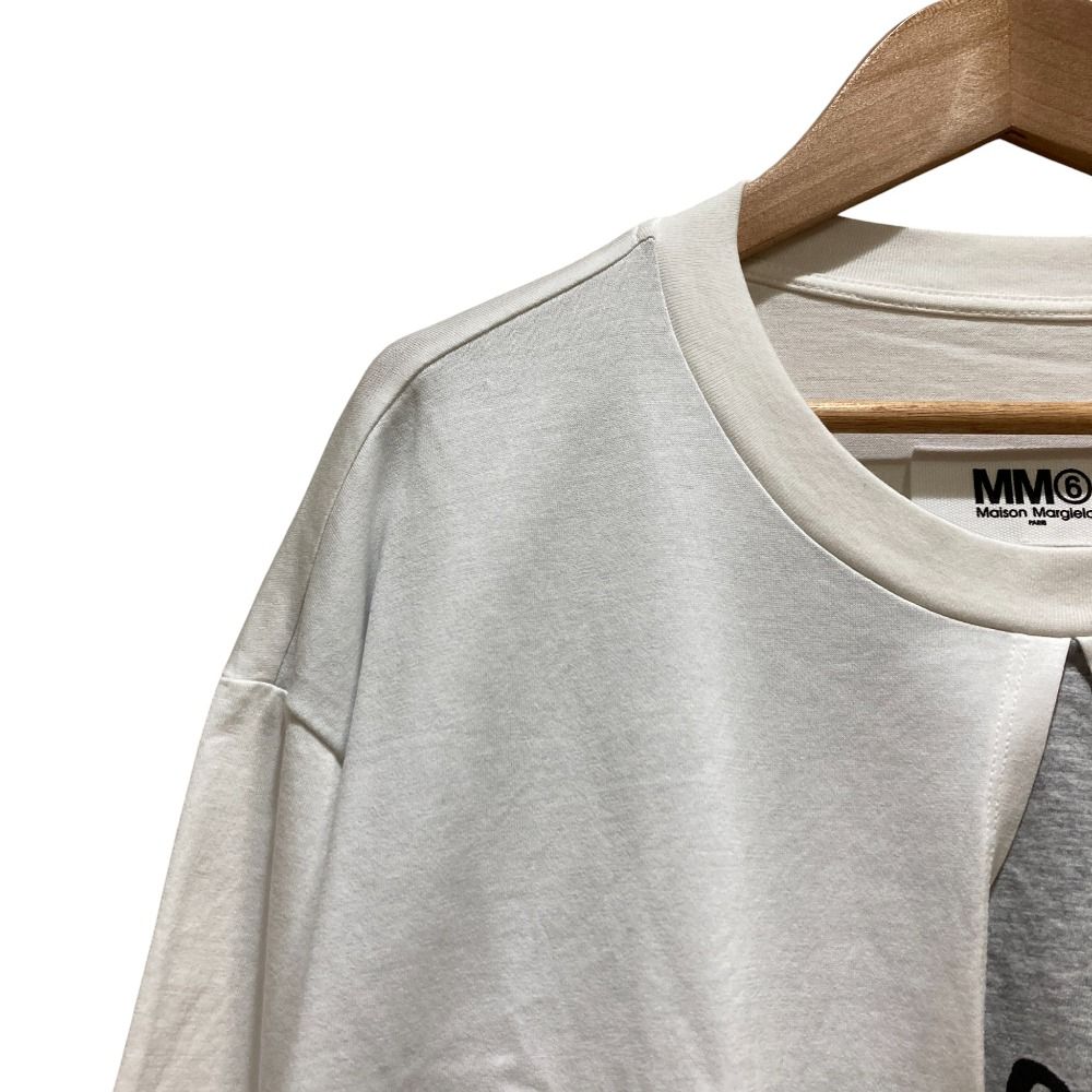美品 22SS MM6 Maison Margiela エムエムシックス メゾンマルジェラ ロゴプリント レイヤードカットソー S52GC0239 Mサイズ ホワイト レディース 古着 中古 USED 美品 22SS MM6 Maison Margiela エムエムシックス メゾンマルジェラ